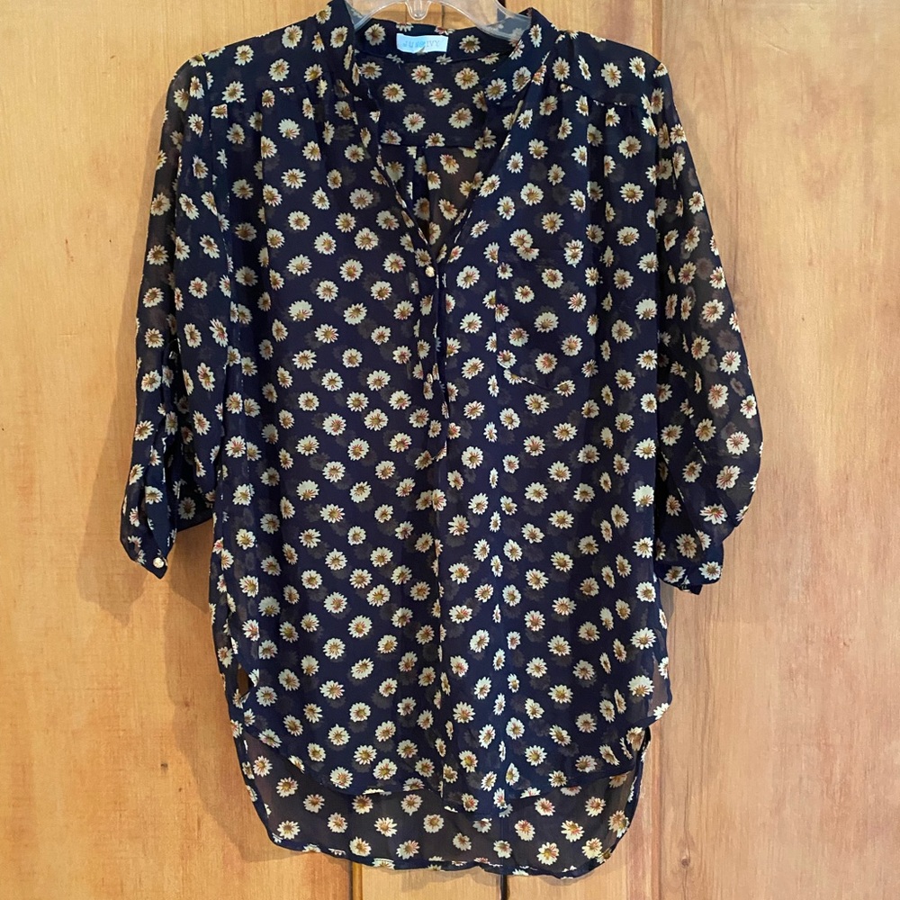 Sheer floral, navy blue top